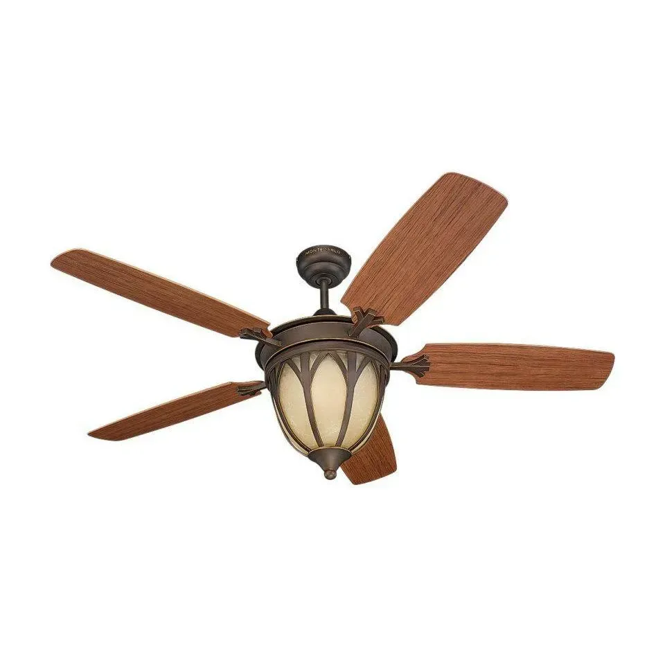Rustic five-blade ceiling fan with brown wood blades and frosted glass light fixture