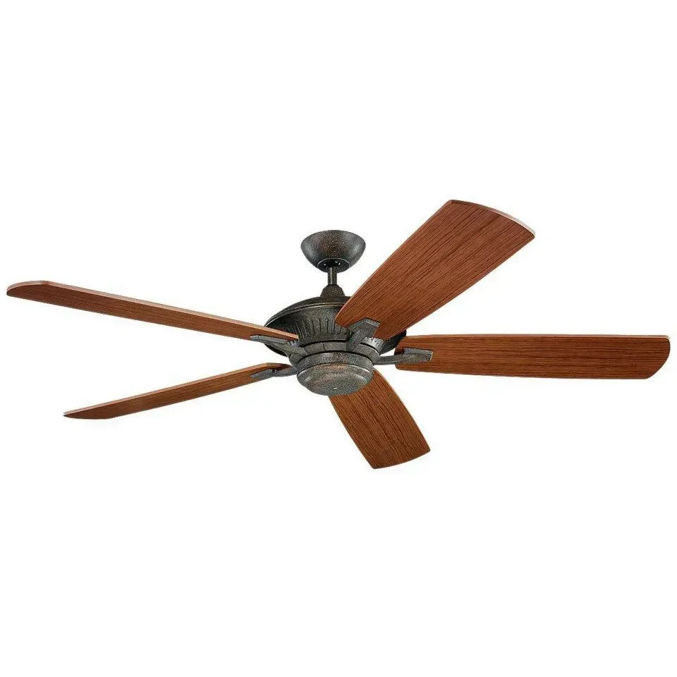 Wooden-blade ceiling fan with dark metal housing, shown against a white background
