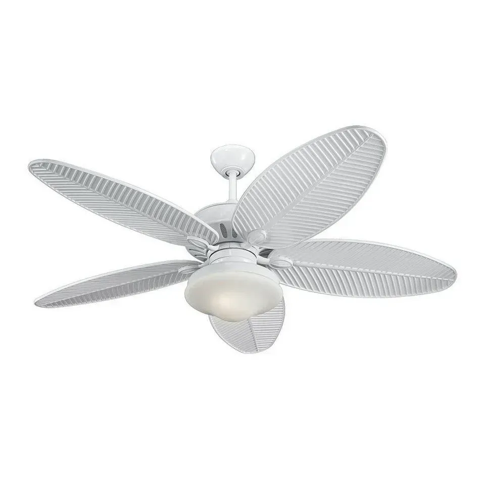White ceiling fan with five leaf-shaped blades and a frosted light fixture