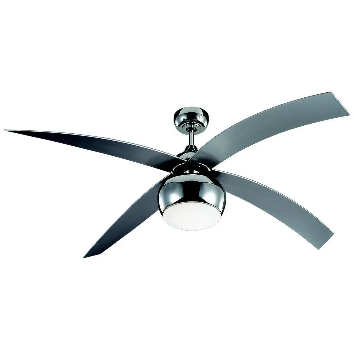Modern chrome ceiling fan with four curved blades on a white background