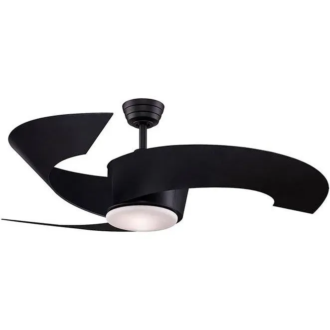 Black modern ceiling fan with curved blades and integrated light on a white background