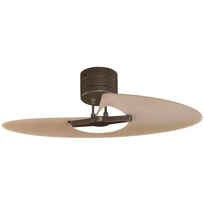Modern ceiling fan with a brown motor housing and beige blades on a white background