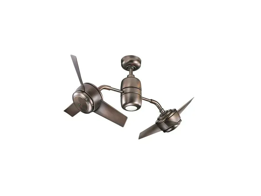 Three-blade ceiling fan with brushed metal finish on a white background