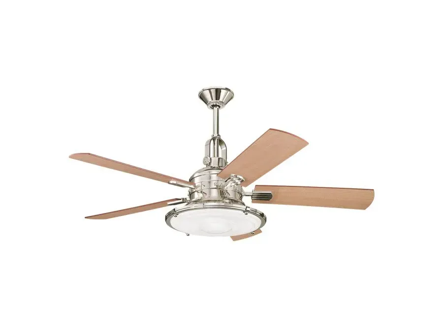 Ceiling fan with five wooden blades and a light kit on a white background