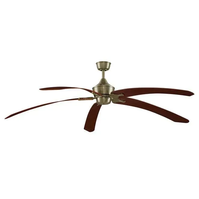 Brushed brass ceiling fan with five dark wood blades on white background