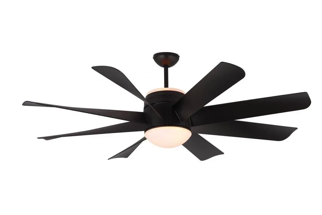 Black ceiling fan with light fixture on a white background