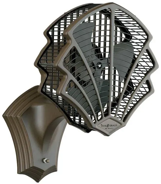 Wall-mounted outdoor fan with brown housing and black protective grille against a white background