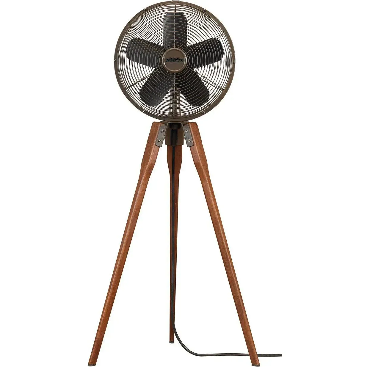 Black vintage-style fan on a wooden tripod stand with a cord.