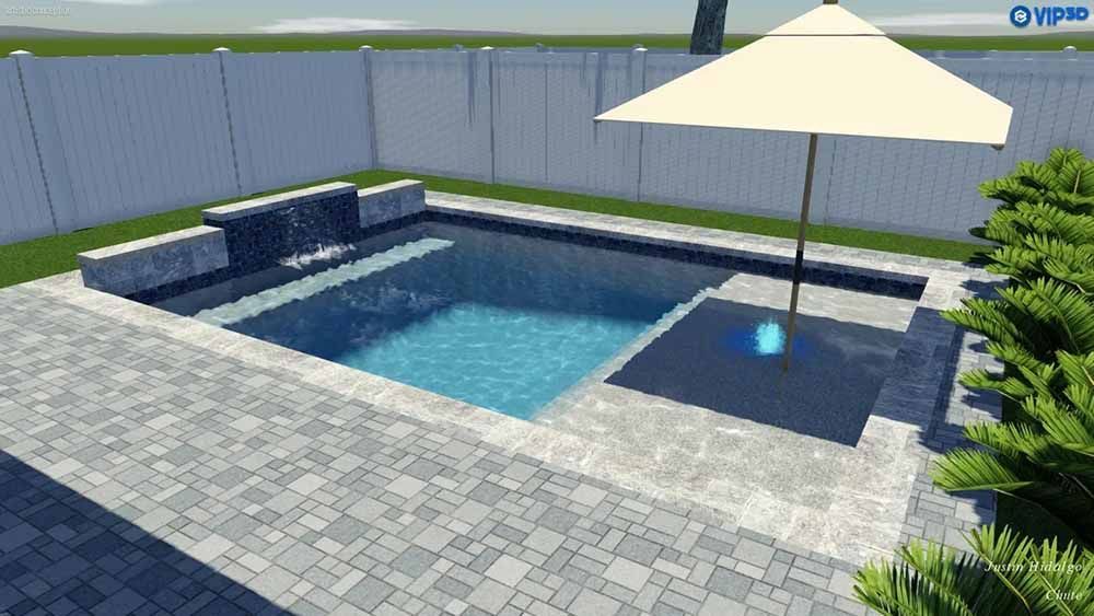 A computer generated image of a swimming pool with an umbrella.