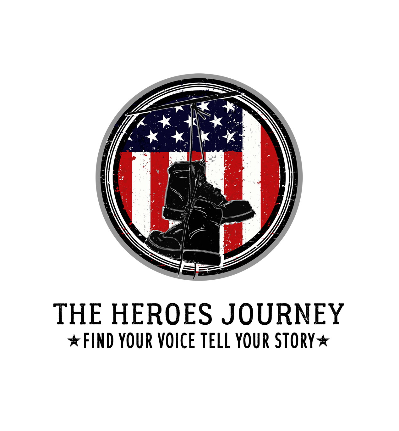 A logo for the heroes journey find your voice tell your story.