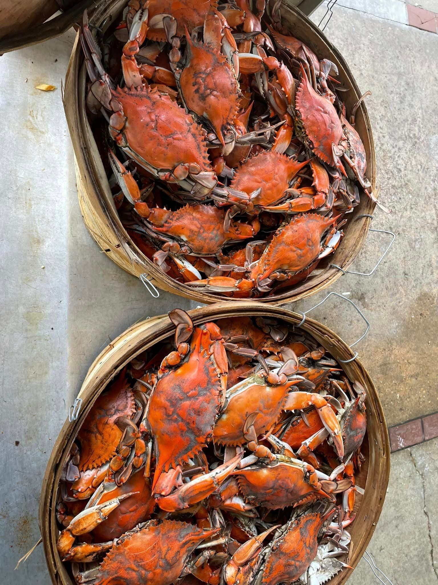 Two round baskets filled with cooked, bright orange steamed blue crabs sitting on a concrete surface.