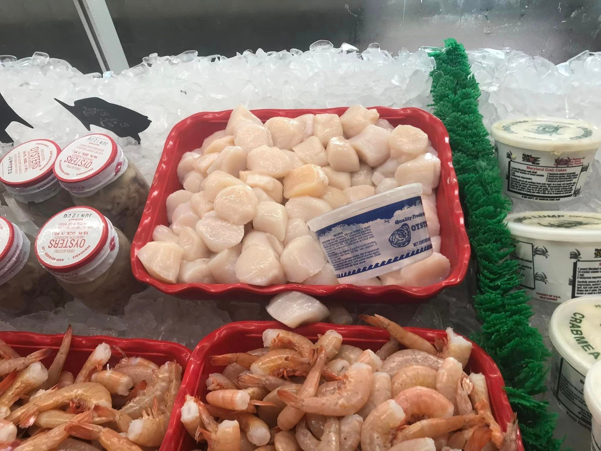 A red container of raw scallops surrounded by shrimp and containers of seafood on a bed of ice.