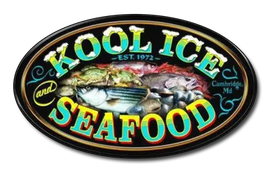 Logo for Kool Ice and Seafood in Cambridge, MD, featuring fish and shellfish imagery on an oval black background.