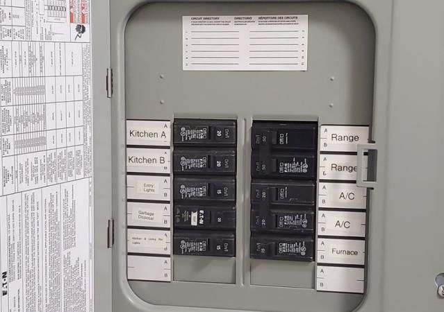 Electrical panel with labeled circuit breakers, including