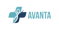 A blue and white logo for avanti with a cross and a person.