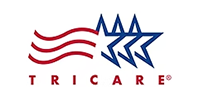 A red , white and blue logo for a company called tricare.