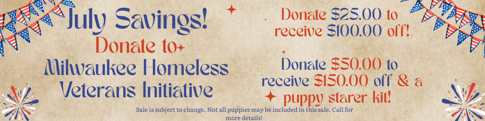 Promotional banner for “Hello June” with a sun and text about up to $300 off select breeds and puppy starter kit included