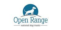 Logo for Open Range natural dog treats featuring a white silhouette of a dog inside a blue circle over a curved line.