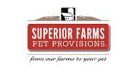 Superior Farms Pet Provisions logo with red rectangle, white text, and a small black and white farm building icon.