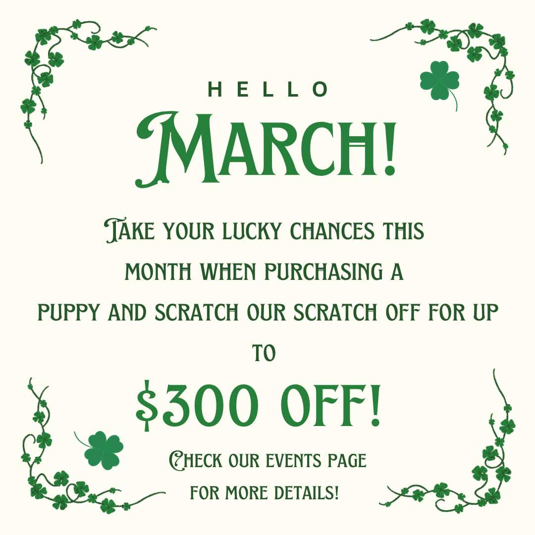 March promotional flyer: Buy a puppy to scratch off for up to $300 off. See the website events page for details.
