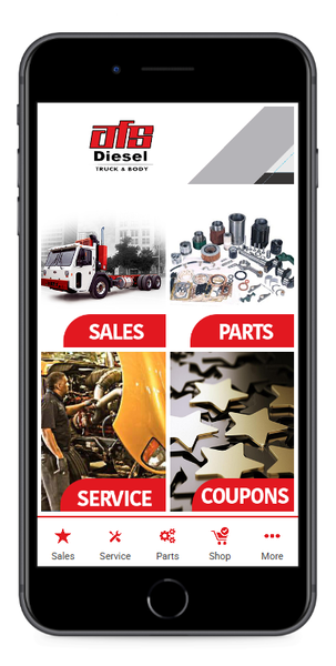 Mobile app showcasing DRB Diesel services: sales, parts, service, and coupons.