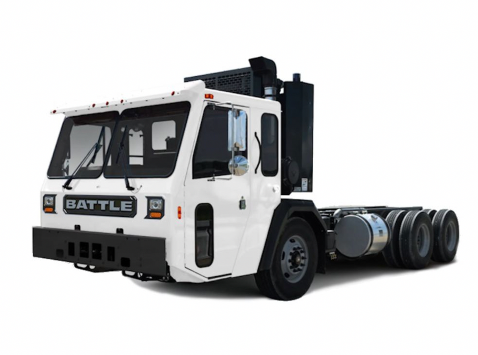 White Battle brand electric semi-truck, side view, against white background.