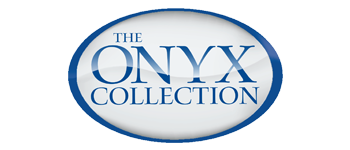 Logo for The Onyx Collection, featuring text in a blue and white oval.