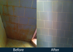 a before and after picture of a bathroom wall