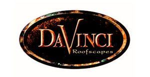 Da Vinci Roofscapes logo in copper text on a black oval with a rusted border