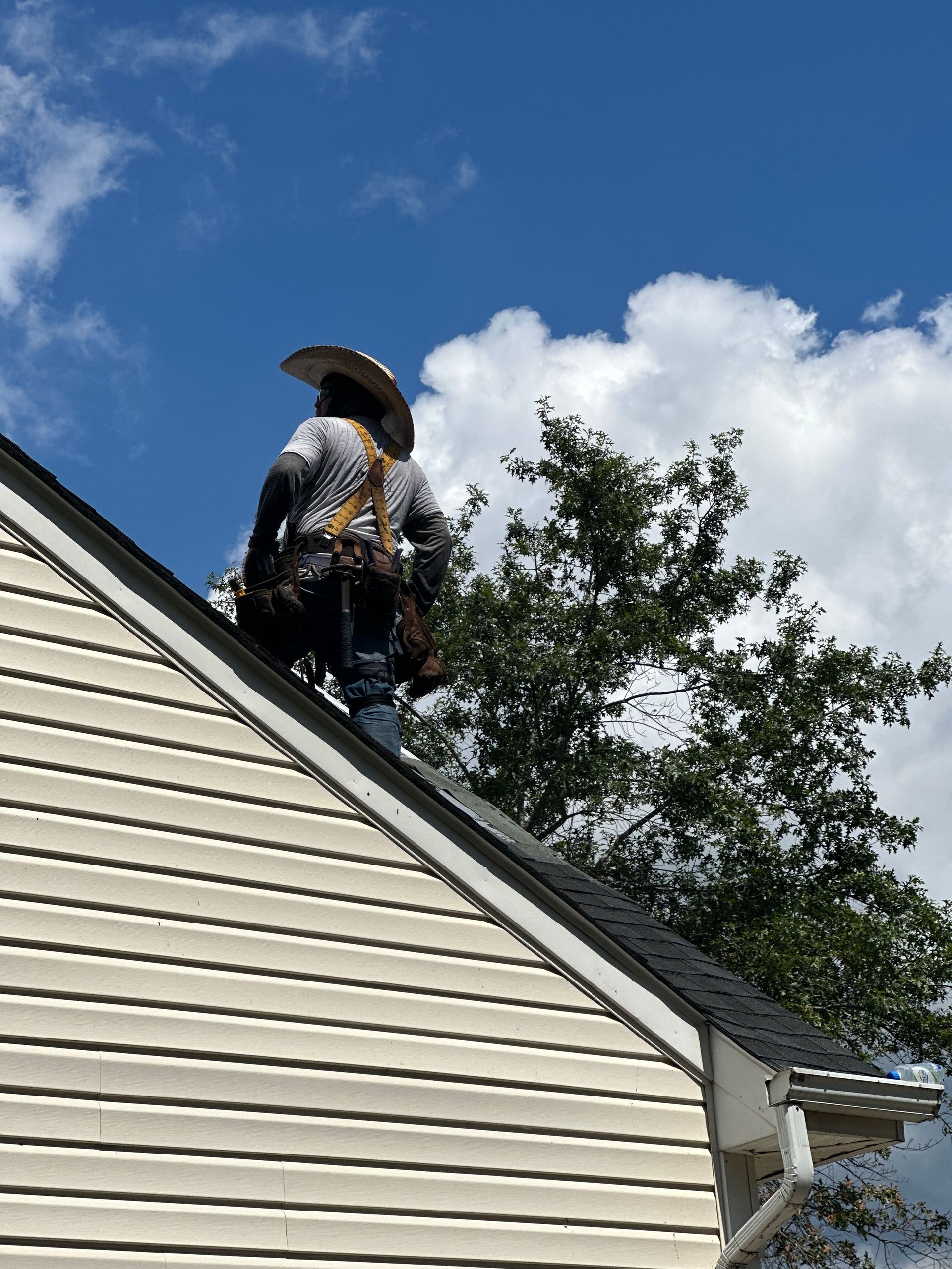 Person in a hat standing on a roof against a blue sky and trees