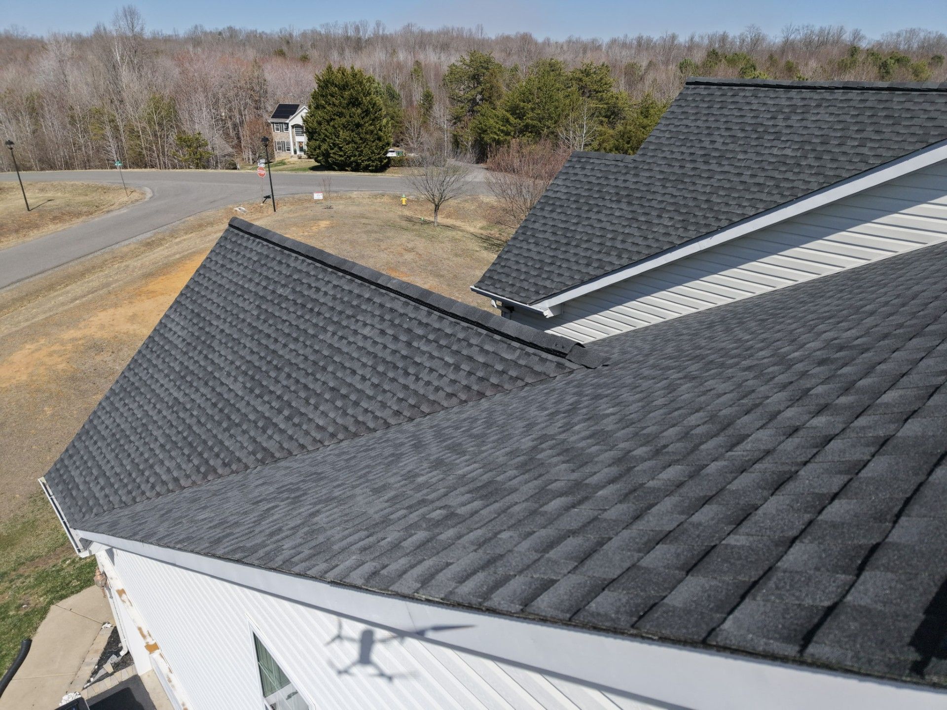Black shingle rooftops overlooking a rural road and bare winter trees