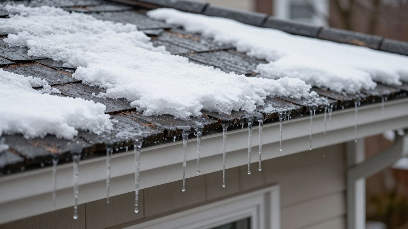 Snow-covered roof with icicles hanging from the eaves above a house window