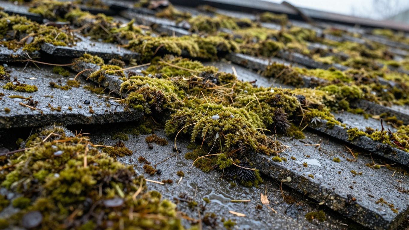 Moss-covered gray roof shingles in close-up, with patches of wet, textured surface.