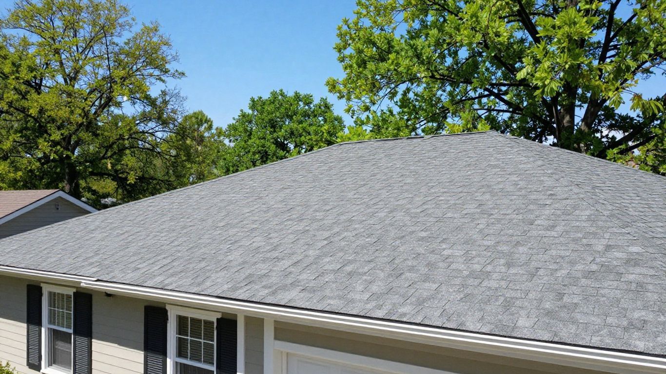 Gray shingle roof on a house beneath green trees on a sunny day