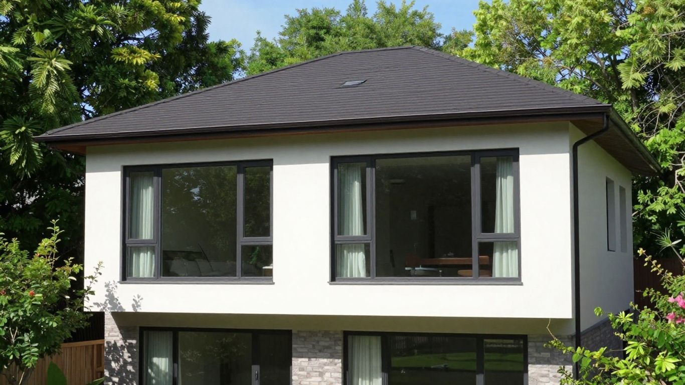 Modern two-story house with white walls, dark roof, and large windows surrounded by trees