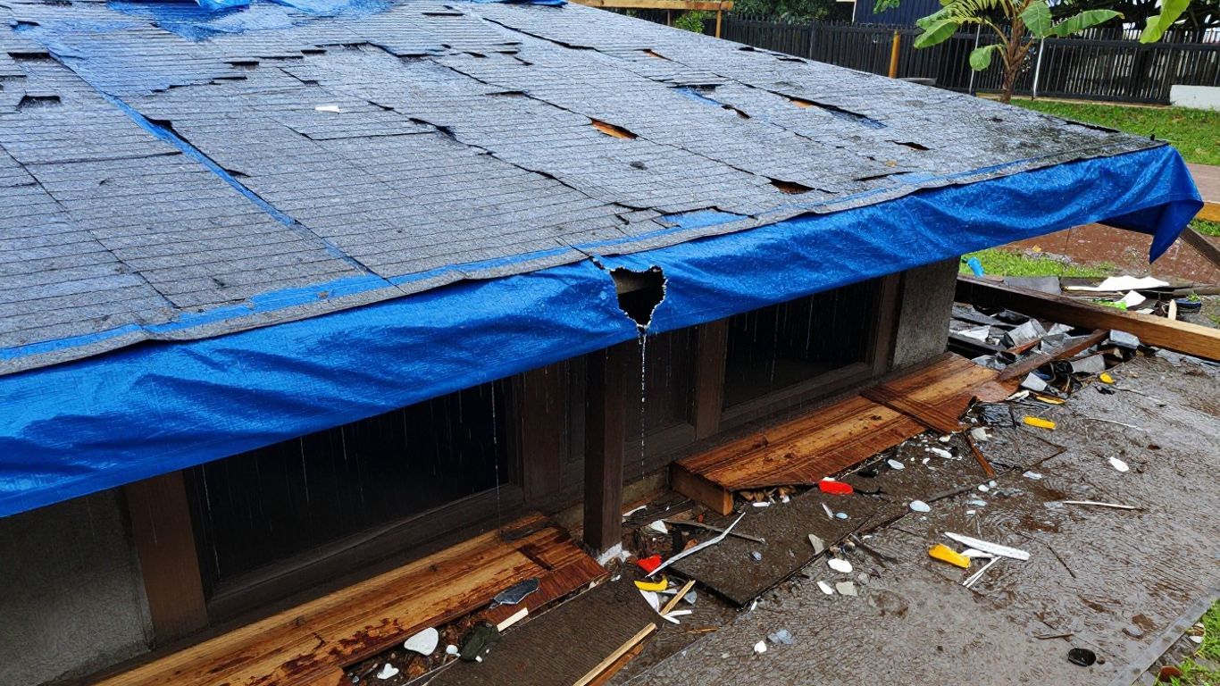 Flooded roadside building with blue tarps and debris scattered across the wet ground