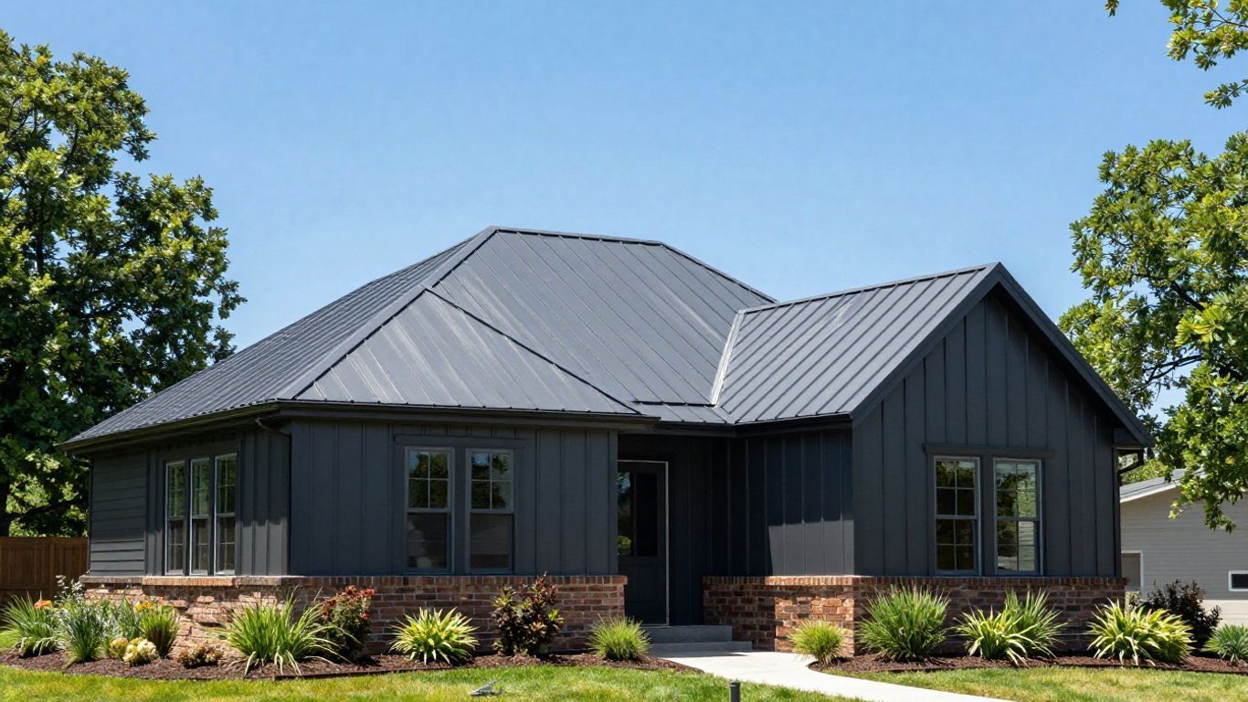 Dark gray single-story house with a metal roof, front windows, and landscaped yard under a blue sky