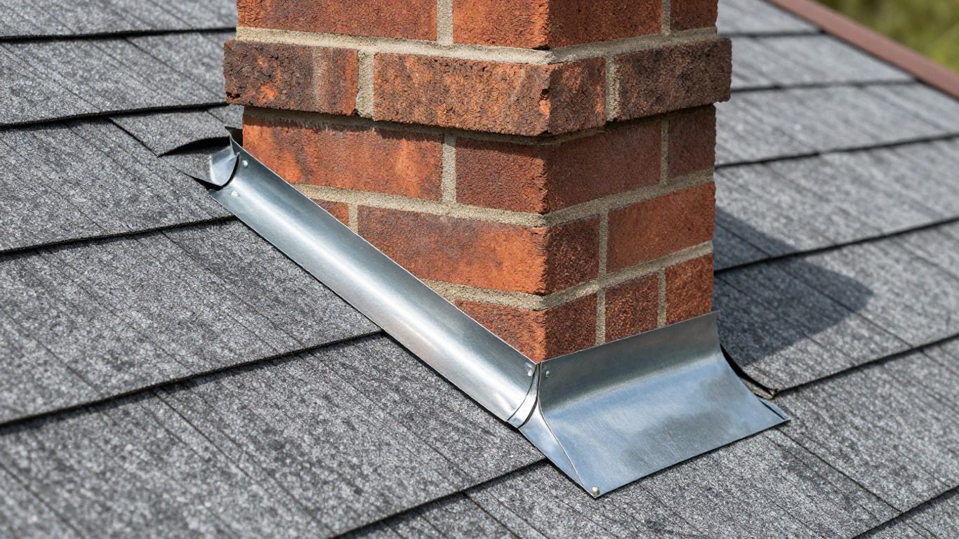 Roof flashing around a red brick chimney on a gray shingle roof