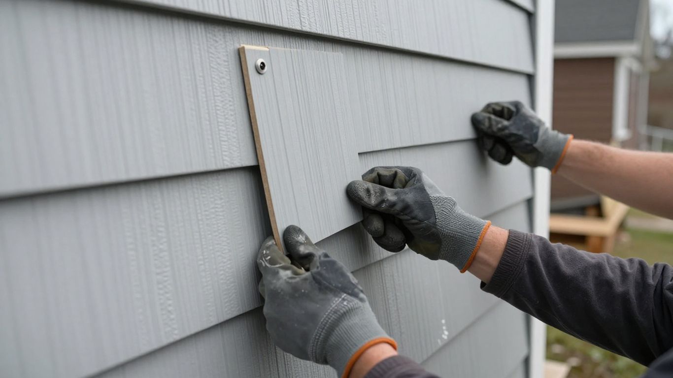 Hands measuring and marking a white wall panel on a house exterior with a tool and pencil