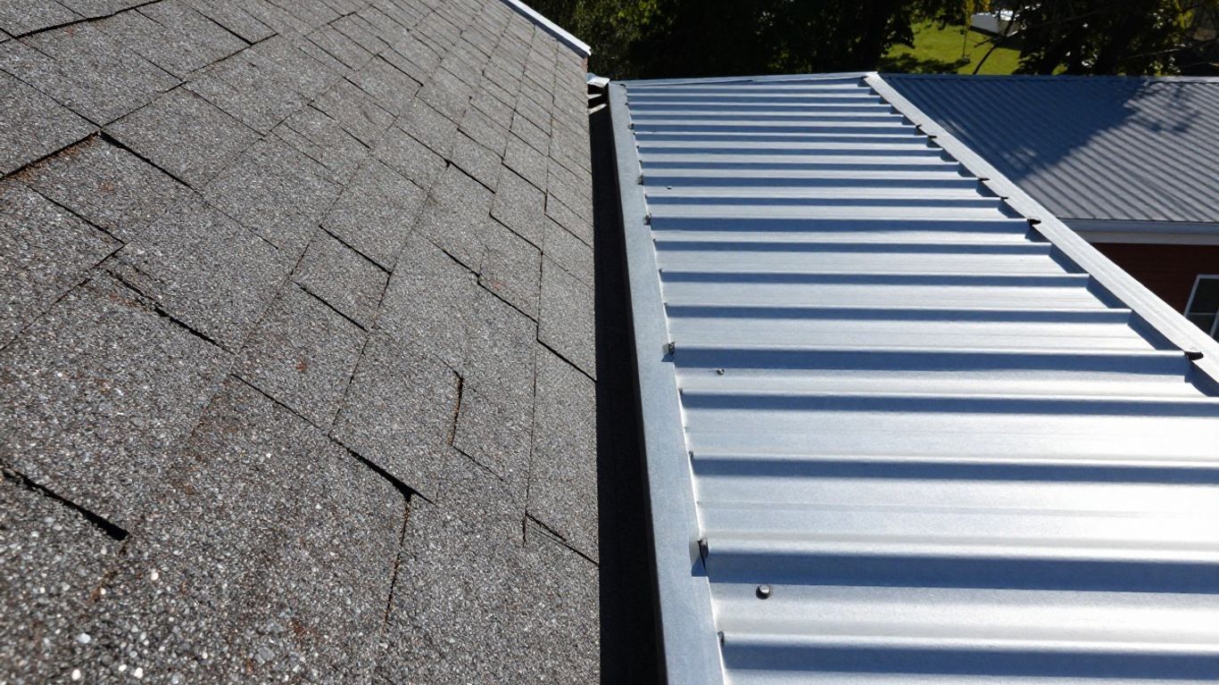 Roof shingles meeting white metal roofing with a clear seam in bright sunlight