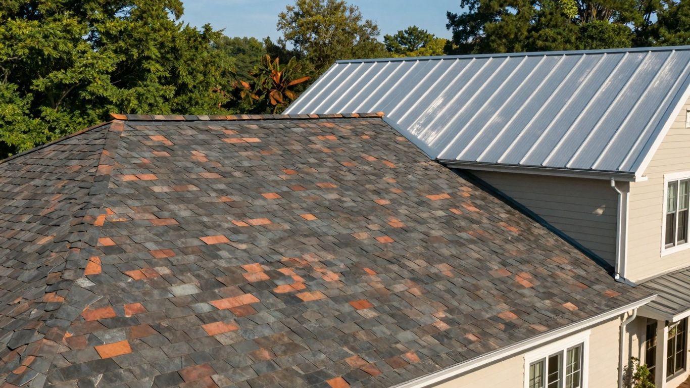 Two rooftops: a weathered shingle roof in front and a silver metal roof behind, with trees in the background.