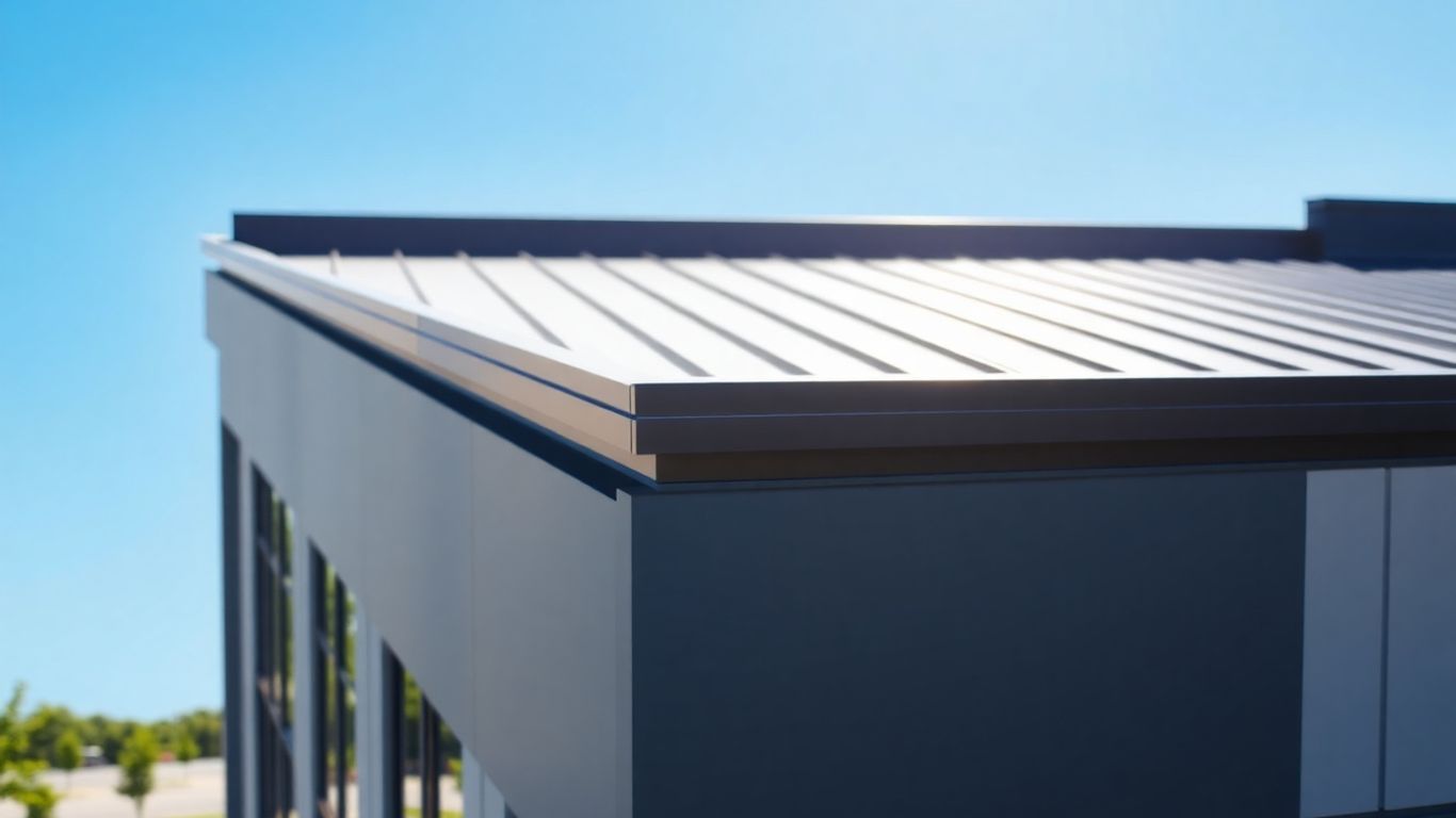Modern building rooftop with dark gray walls and a silver metal roof under a blue sky