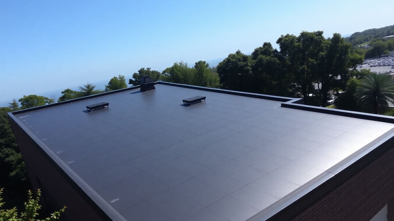 Flat dark gray rooftop with two vents, overlooking trees under a blue sky.