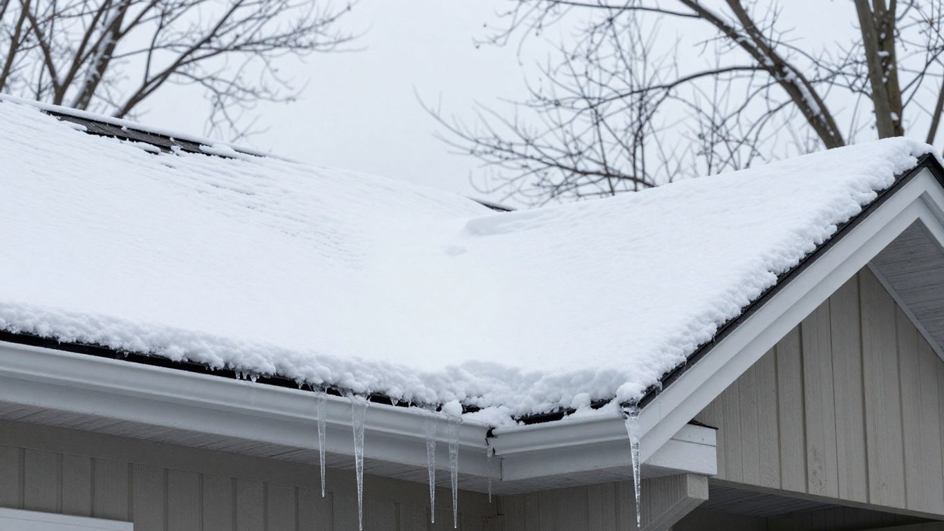 Snow-covered house roof with icicles hanging from the eaves