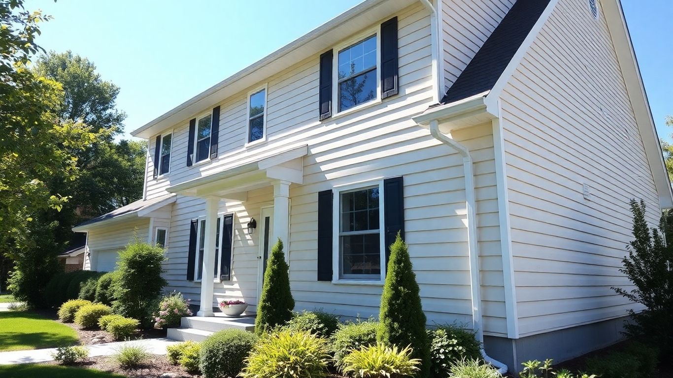 White two-story suburban house with blue shutters, front porch, and landscaped yard on a sunny day
