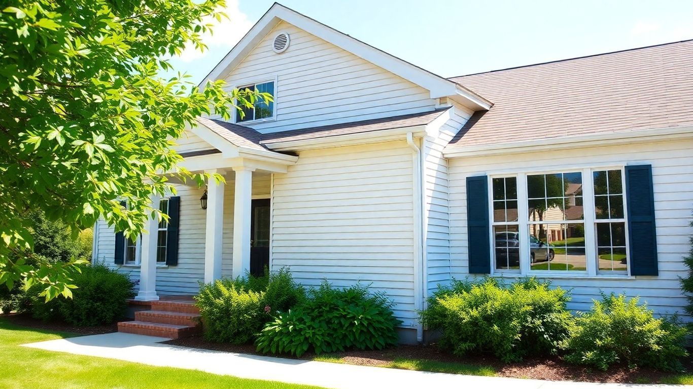 White suburban house with a front porch, shutters, and green shrubs in bright sunlight