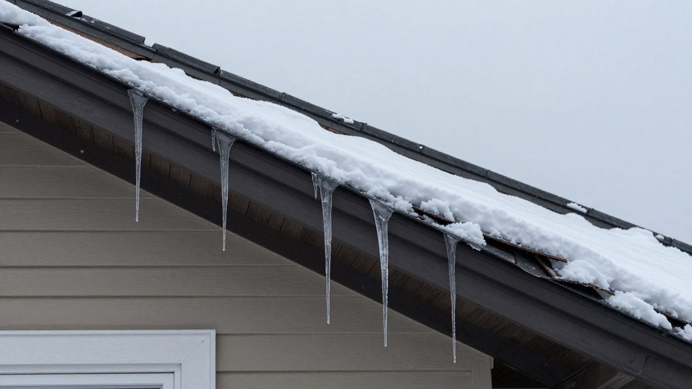 Snow-covered roof eaves with long icicles hanging over a house exterior