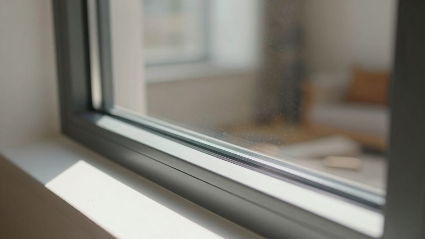 Window sill with sunlight and a blurred view outside