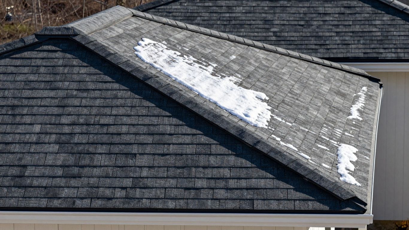 Snow patch on a gray shingled roof with a light-colored dormer section.
