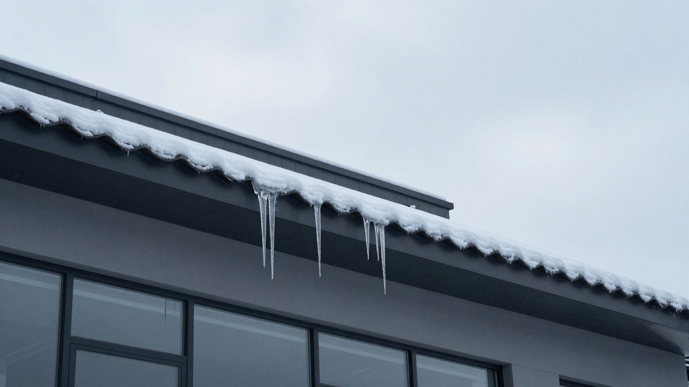 Icicles hanging from the edge of a snow-covered roof above dark building windows